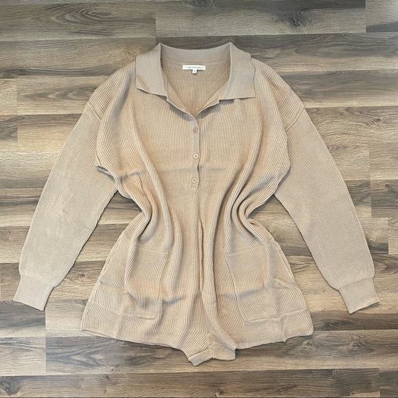 Tan Knit Button Down Romper - Picture 2 of 6